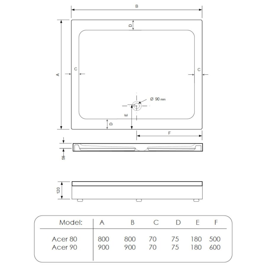 Douchebak BWS Racer Vierkant Acryl 80x80 cm Wit