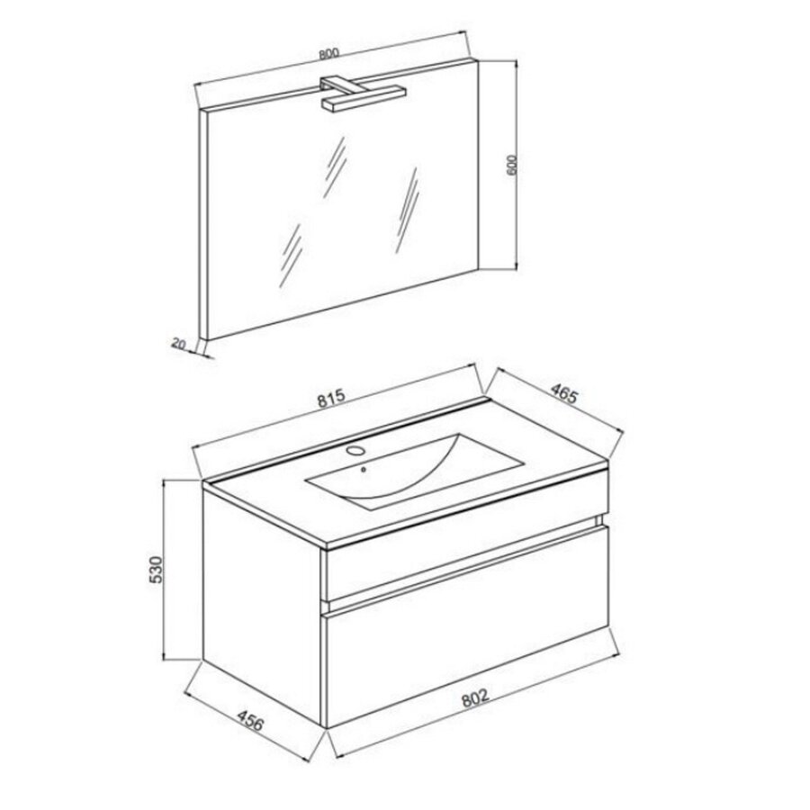 Badkamermeubelset Van Marcke RIVA Compleet Set 80CM Rook Eik Met Spiegel