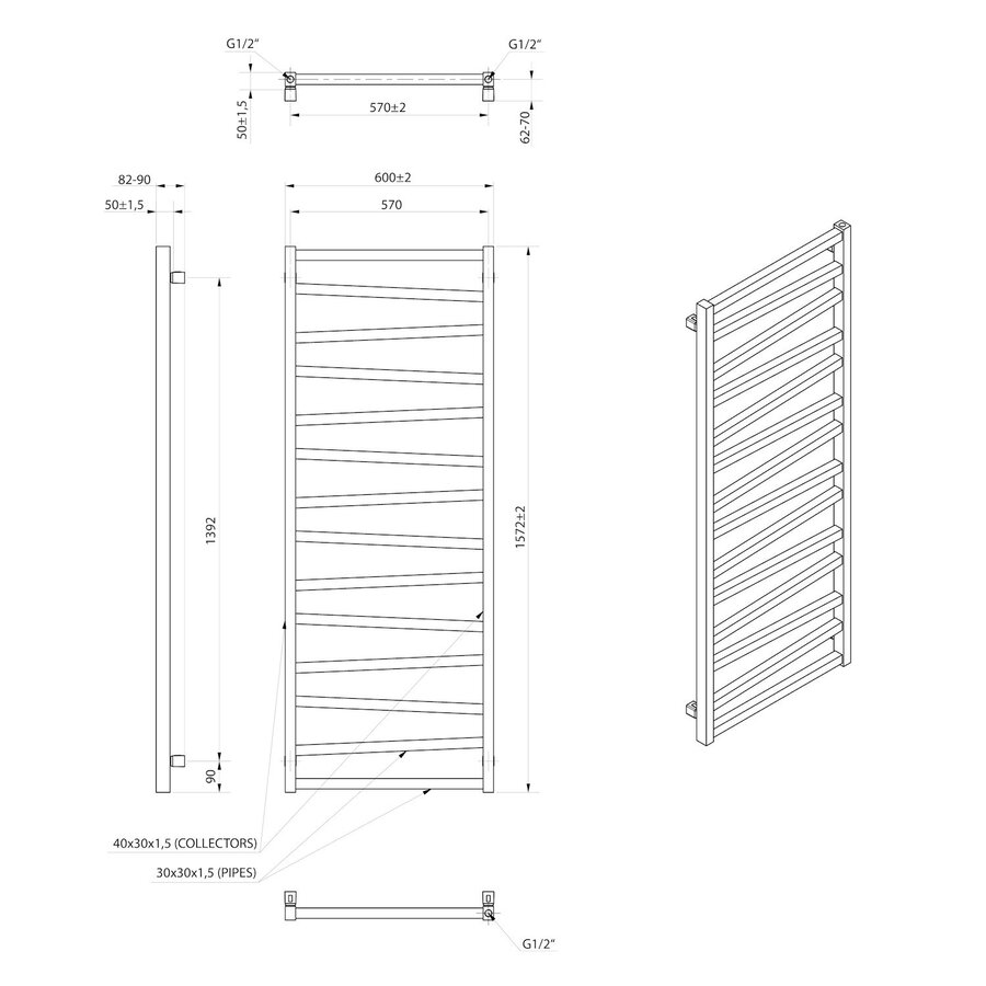 Designradiator Sapho Zig Recht 60x157,2 cm 709W Mat Zwart