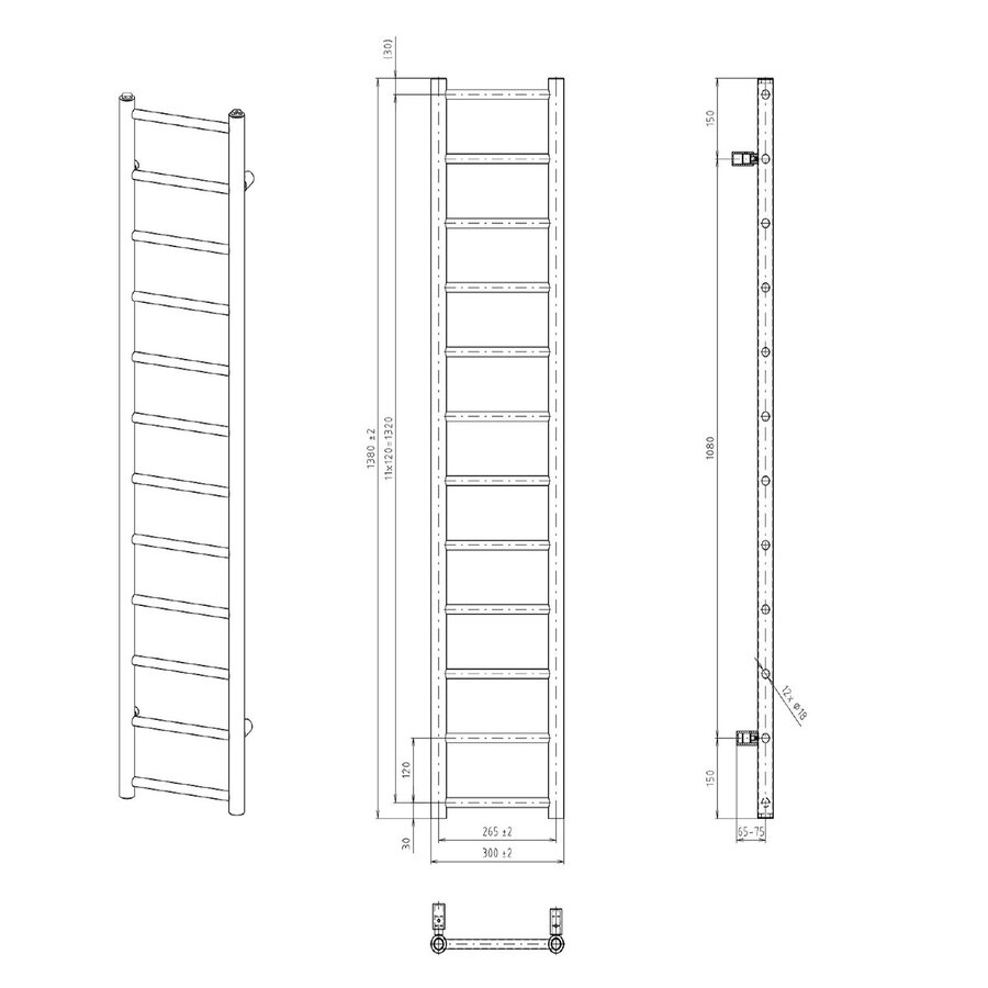 Handdoekradiator Sapho Dina Recht 30x138 cm Mat Wit
