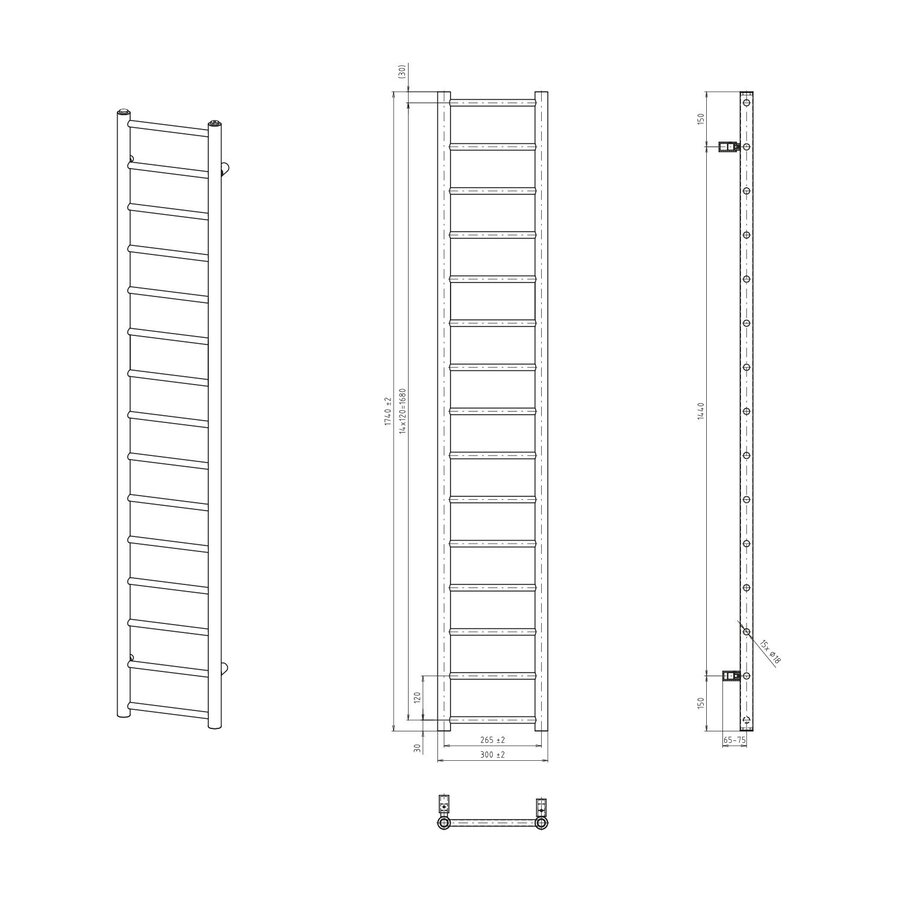 Handdoekradiator Sapho Dina Recht 30x174 cm Mat Zwart