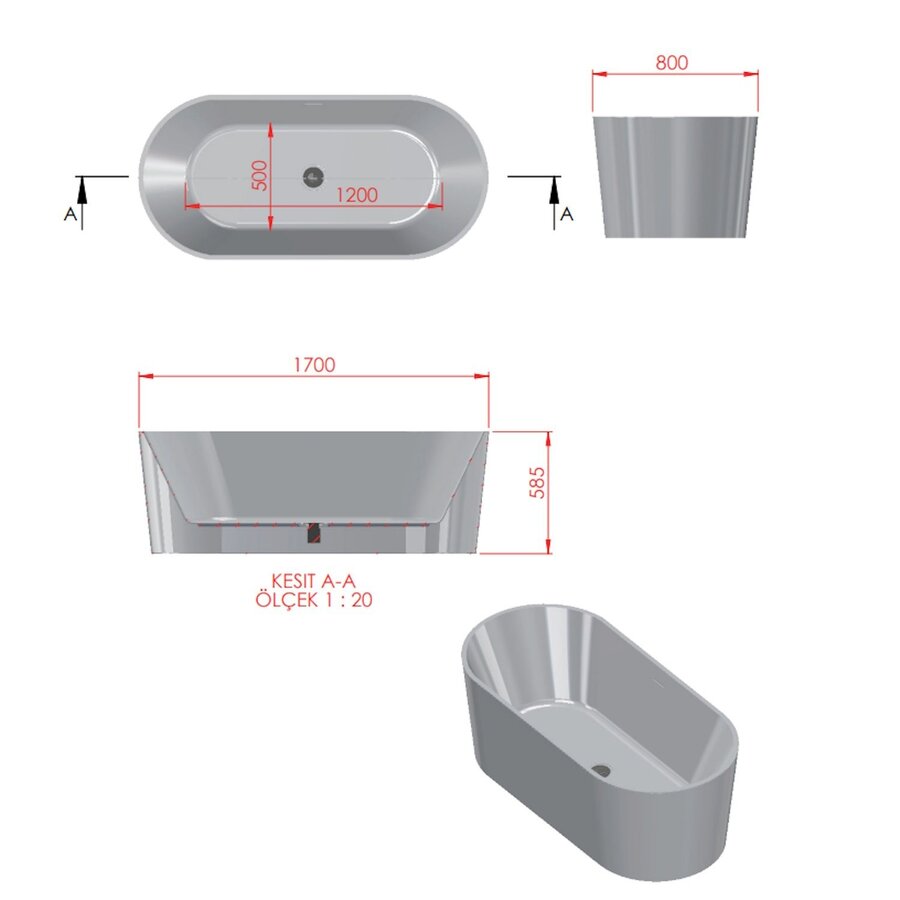 Vrijstaand ligbad BWS ovaal Solid Surface 170x70x85 cm Mat Wit