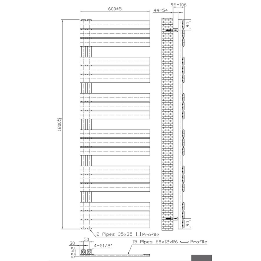 Handdoekradiator BWS Boss Links aansluiting 1021W 180x60 cm Wit