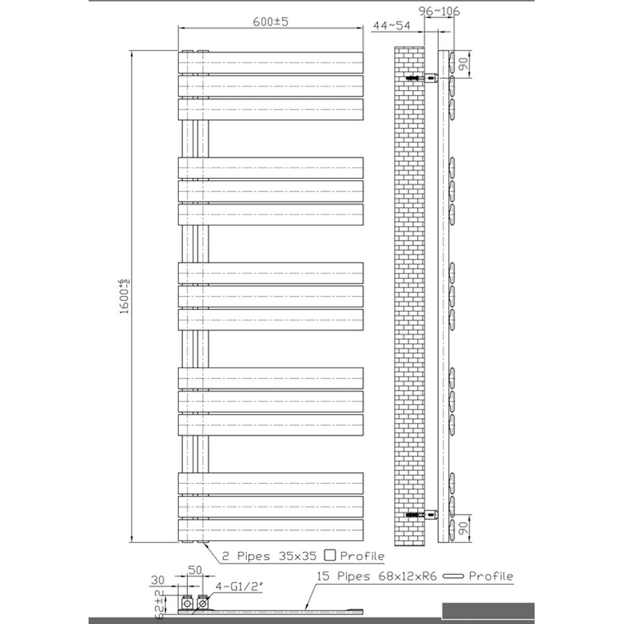 Handdoekradiator BWS Boss Links aansluiting 864W 160x60 cm Mat Zwart