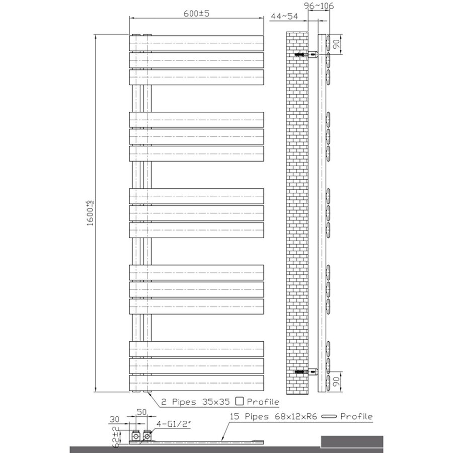Handdoekradiator BWS Boss Links aansluiting 864W 160x60 cm Wit