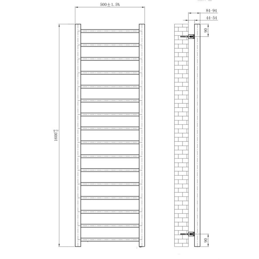 Handdoekradiator BWS Boss Links aansluiting 755W 160x50 cm Wit
