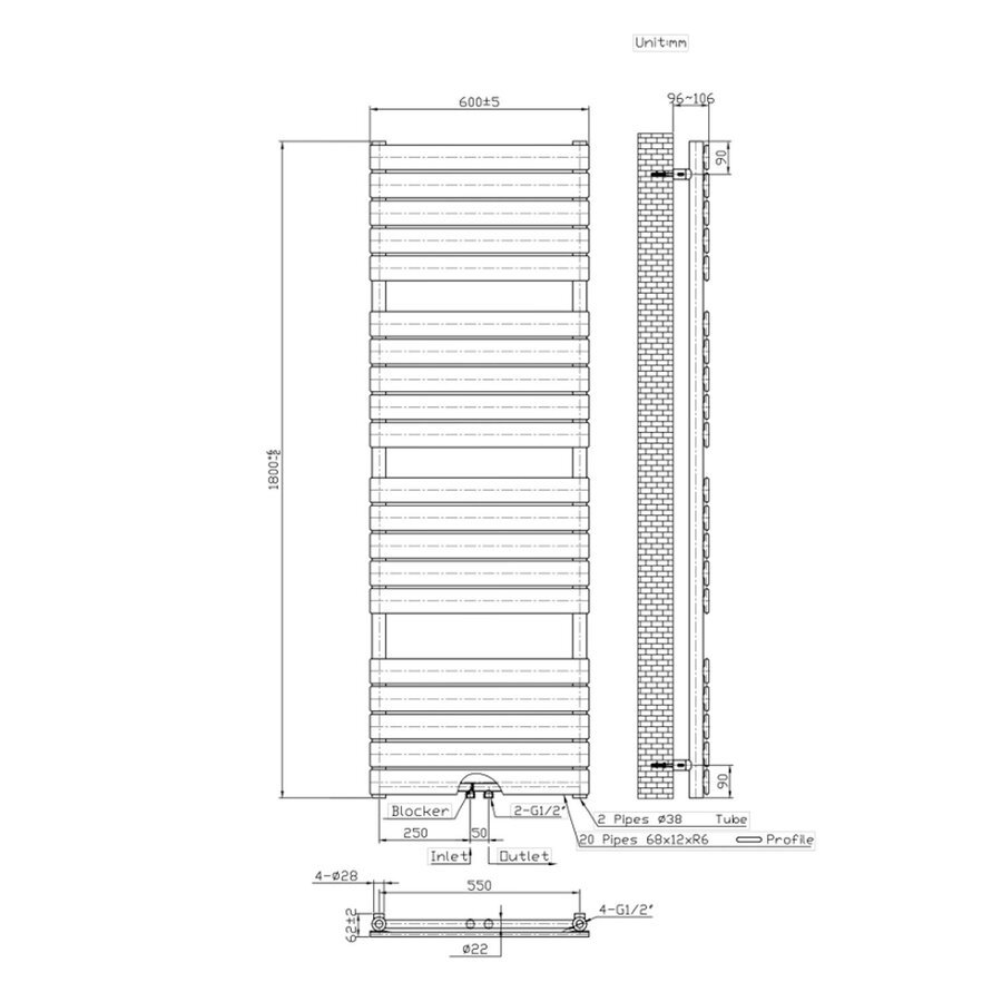Handdoekradiator BWS Ress Middenaansluiting 180x50 cm Wit
