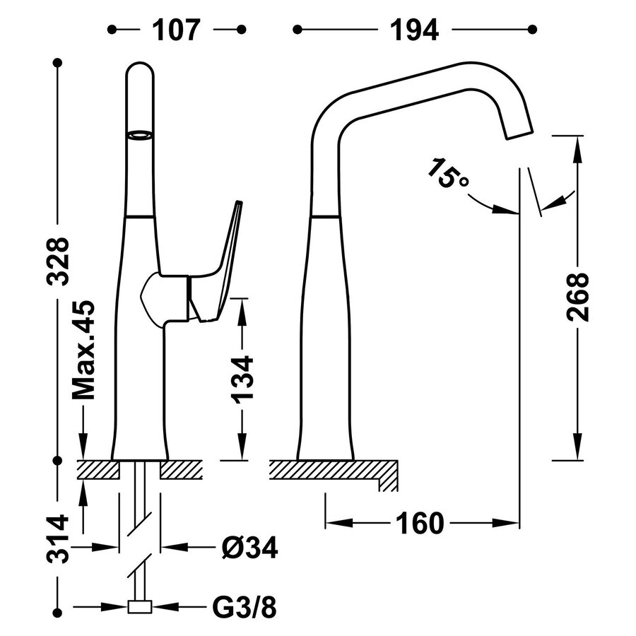 Wastafelmengkraan Tres Fuji 32.8 cm met Draaibare uitloop Mat Rose Gold