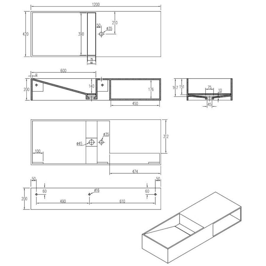 Best-Design "Gruna" Wastafel "Just-Solid" 120x42x20cm Mat Wit