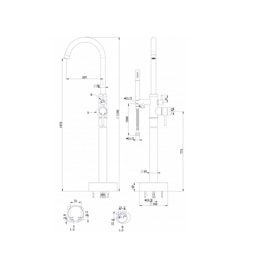 Best-Design "White" Vrijstaande Badkraan Hoogte 119 cm Mat Wit