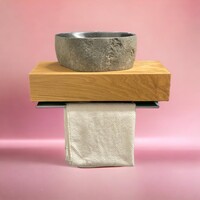 Fonteinplank Casajoy Bold 50x25x10 cm Eiken Met Waskom 30 cm Rond Riviersteen