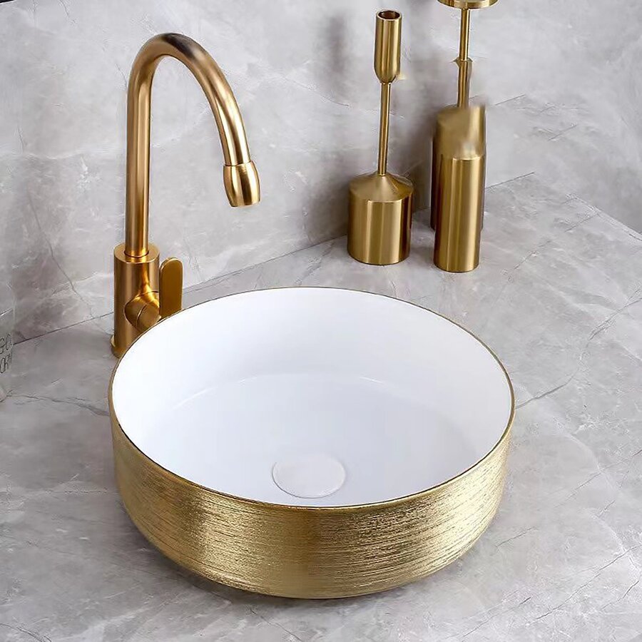 Waskom BWS Keramiek Met Geborsteld Goud Relief 36 cm Wit