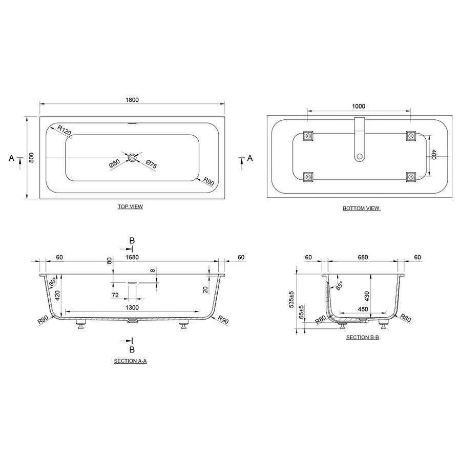 Inbouw Ligbad Ideavit SolidMind 180x80x54 cm Solid Surface Met Pop-up Waste Mat Wit