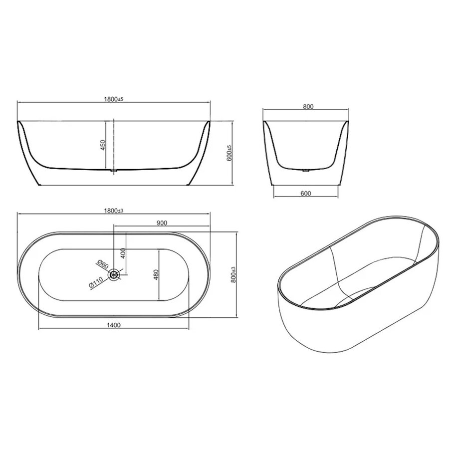Vrijstaand Bad Sanilux Moon 180 cm Zwart Wit