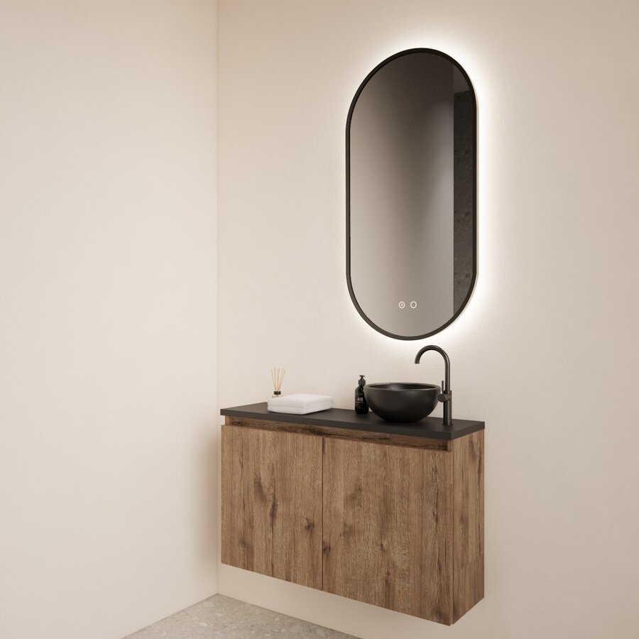 Fonteinmeubel BWS Meadow 80x50 cm Wellington Oak Incl. Topplaat Mat Zwart