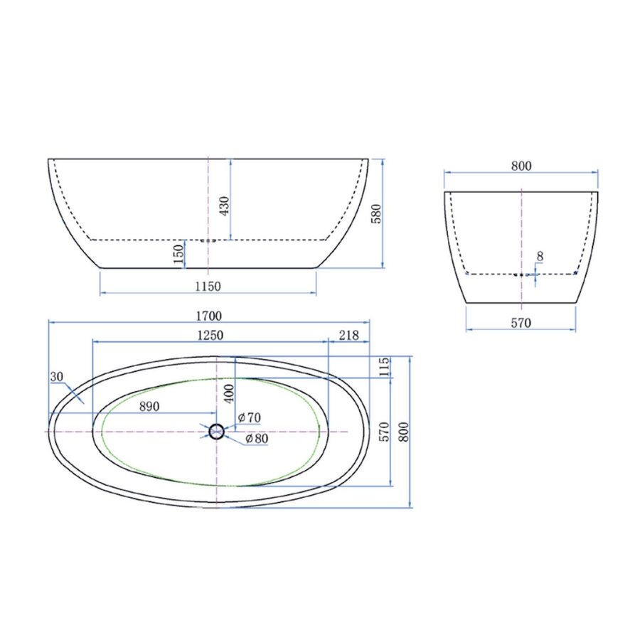 Vrijstaand Bad Luca Sanitair Primo Acryl 170x80x58 cm Incl. Afvoerset Mat Wit