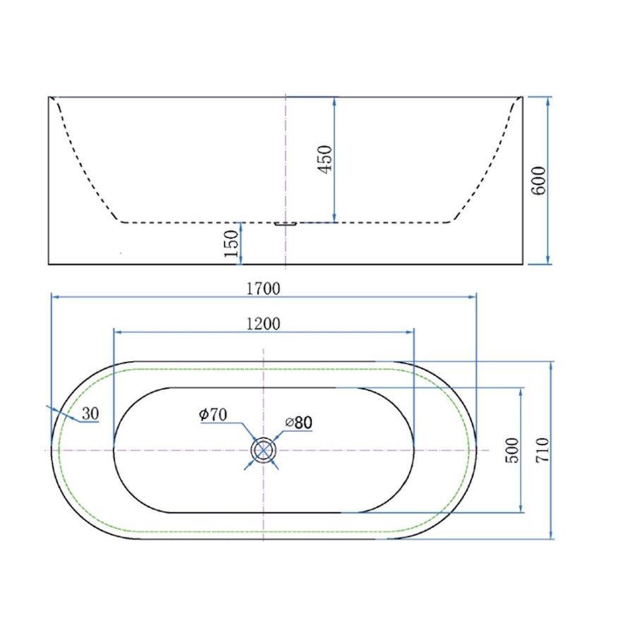 Vrijstaand Bad Luca Sanitair Primo Acryl 170x71x60 cm Incl. Afvoerset Glans Wit