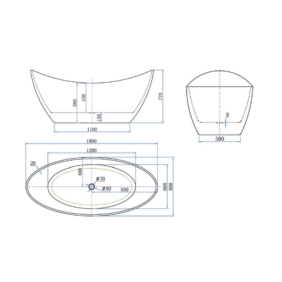 Vrijstaand Bad Luca Sanitair Primo Acryl 180x80x77 cm Incl. Afvoerset Mat Wit