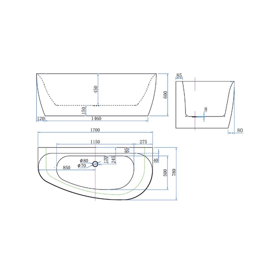 Back To Wall Bad Luca Sanitair Primo Acryl 170x78x60 cm Incl. Afvoerset Mat Wit