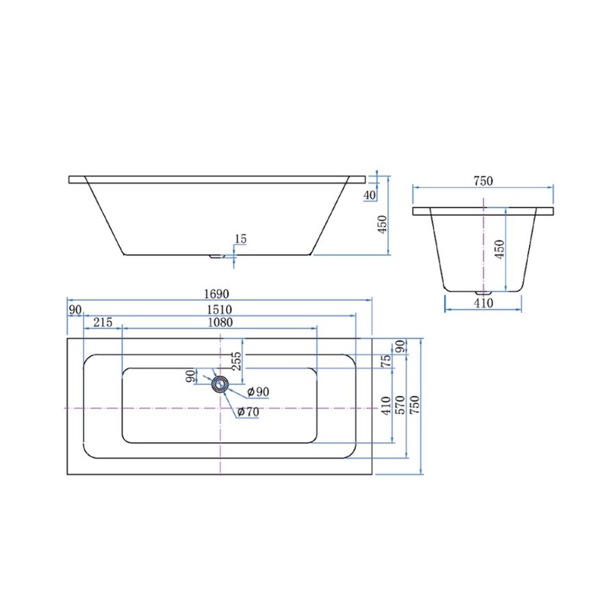 Inbouw Bad Luca Sanitair Primo Acryl 169x74x45 cm Zonder Afvoerset incl. Stelpoten Glans Wit