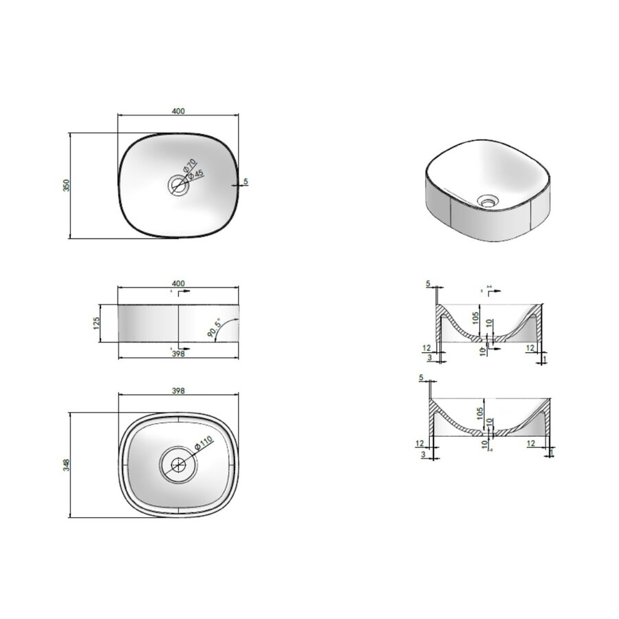 Waskom Luca Sanitair Tate 40x35x12,5 cm Solid Surface Mat Wit