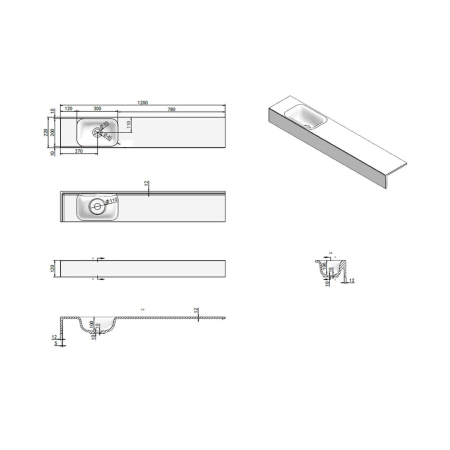 Fontein Luca Sanitair Lea 120x22x12 cm Solid Surface Links Zonder Kraangat Mat Wit