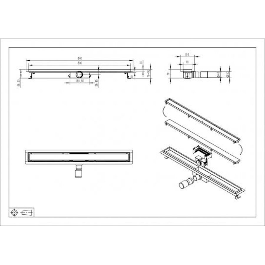 Douchegoot met Tegelrooster en Flens BWS Roos 80x7 Cm Mat Zwart