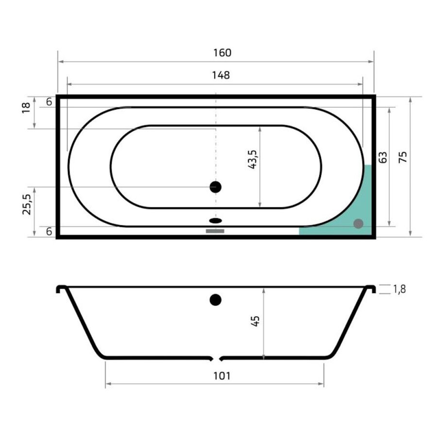Ligbad Beterbad Xenz Madeira 160x75 cm Inclusief Badpoten Pergamon