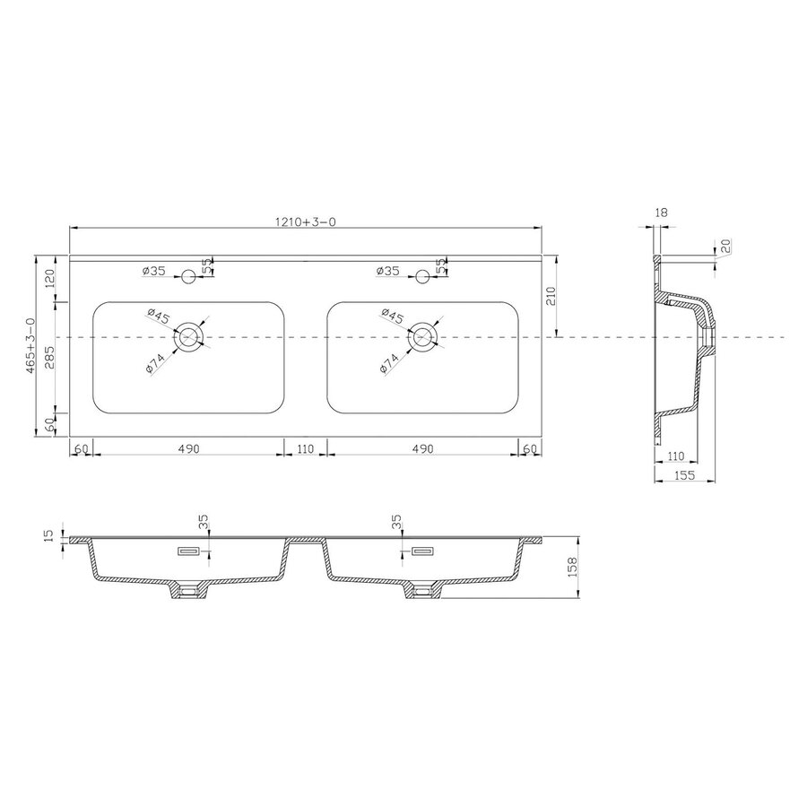 Wastafel Wiesbaden Ribbella 120 cm Mat Zwart