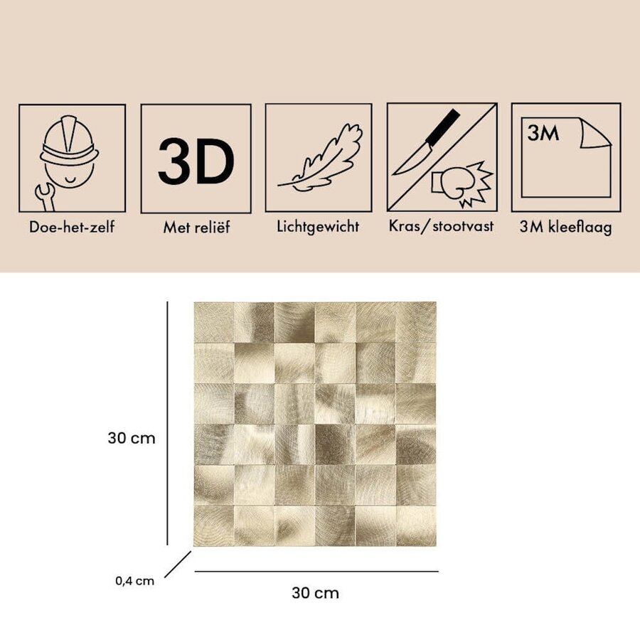 Mozaïek Isodeco Steenstrip Blok Vierkant Zelfklevend 30.5x30.5 cm Licht Goud (Prijs Per Stuk)