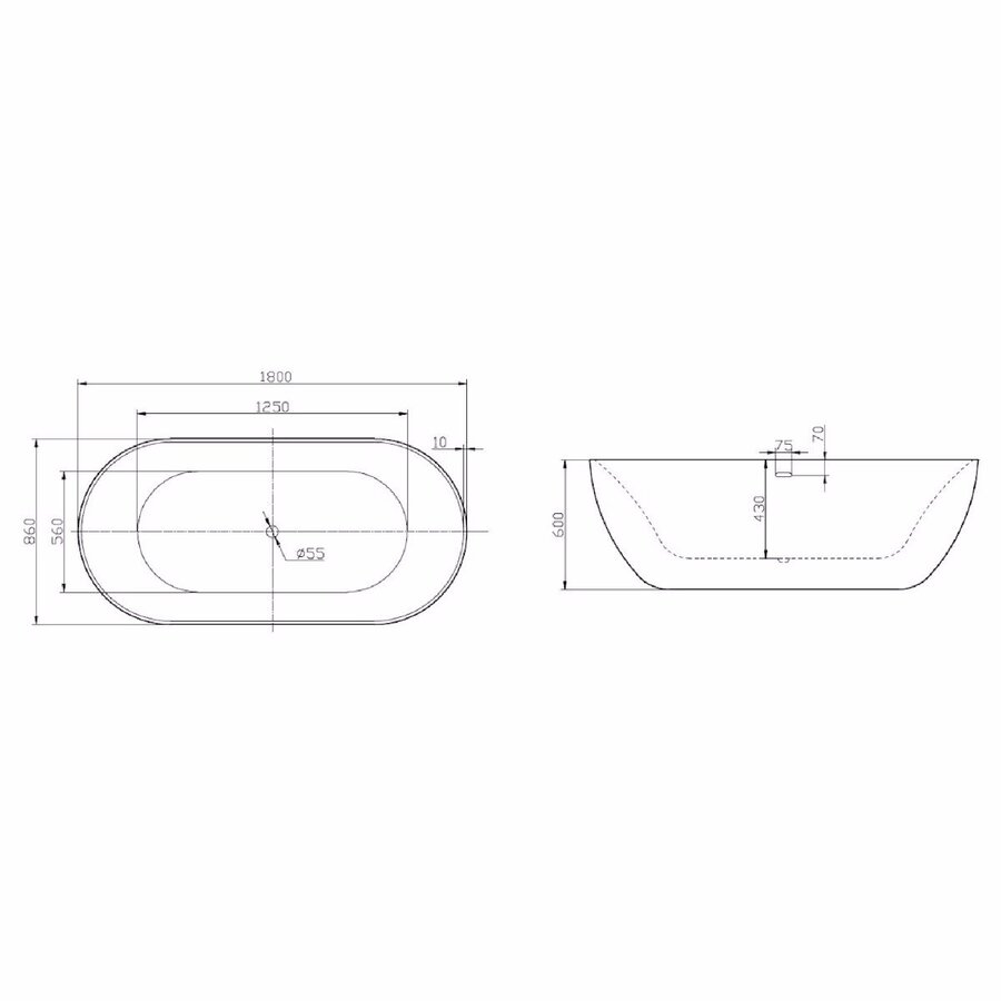Vrijstaand Bad Melissa 180x85x60 cm Incl. Klikwaste, Afvoer en Sleuf Overloop Glans Wit