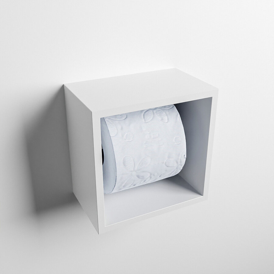 MONDIAZ Easy Toiletrolhouder CUBE 160 solid surface  16x16cm kleur Talc. Geschikt voor op en inbouw.