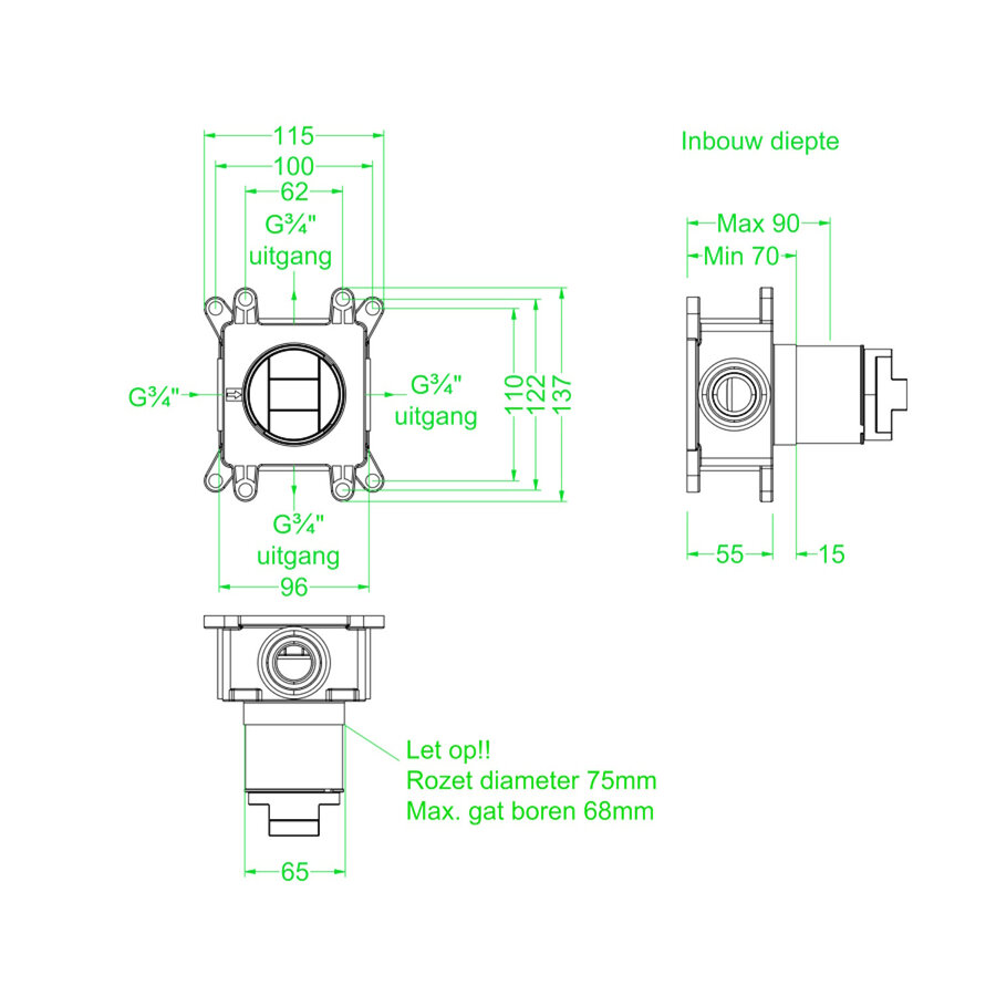 Inbouwbox IVY tbv Inbouw 3-weg Stop-Omstel Symmetry Donker Blauw