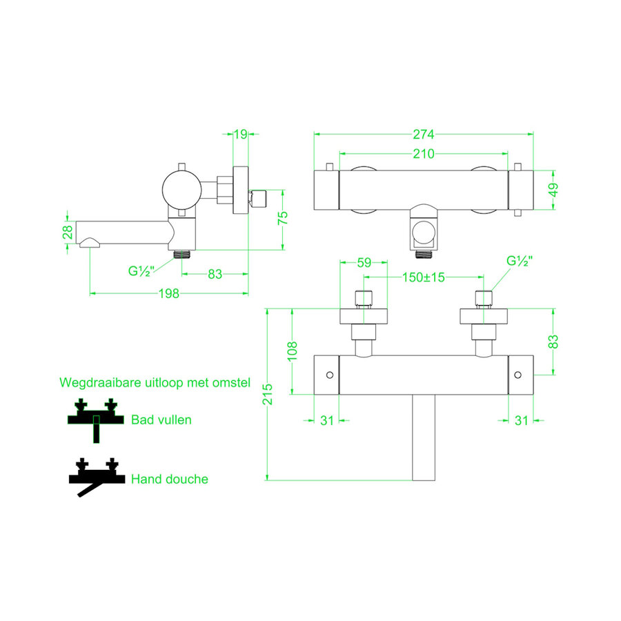 Badthermostaatkraan IVY Concord Opbouw Omstel Met Draaibare Baduitloop Met Omstel RVS316 Geborsteld Carbon Black PVD