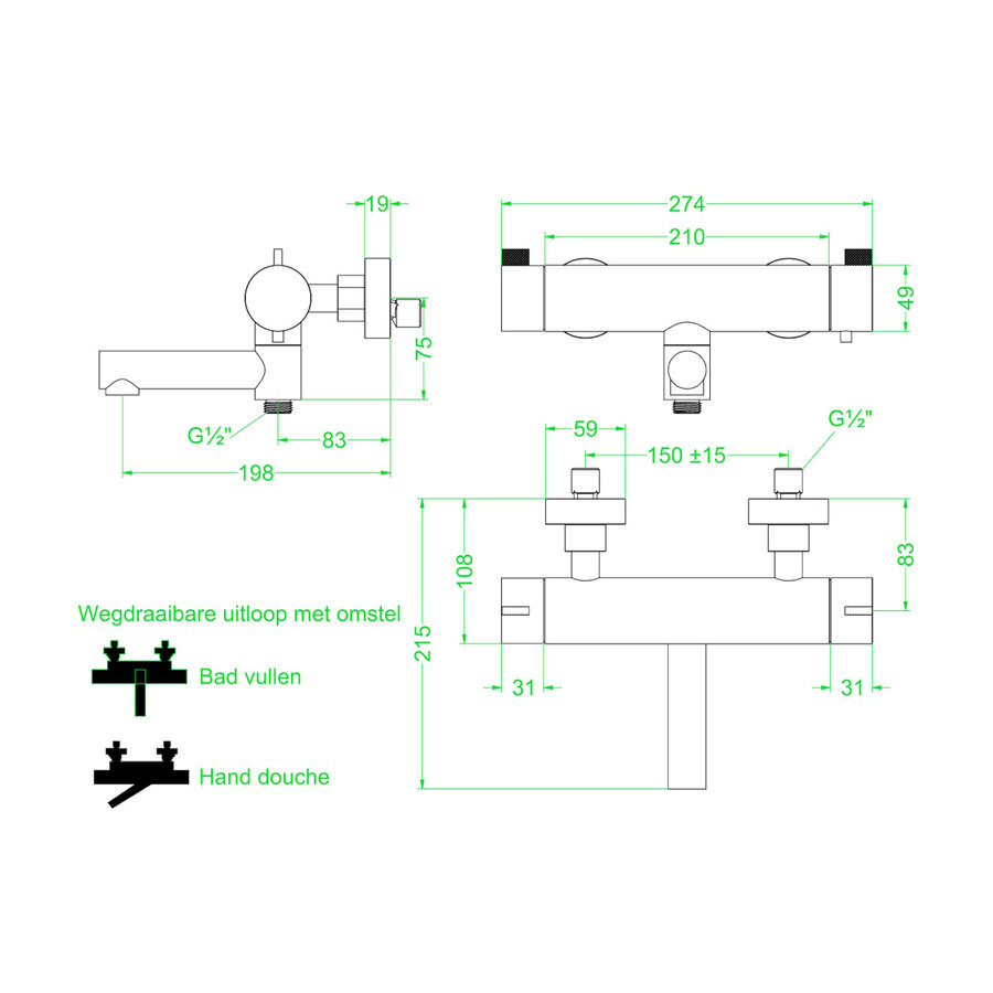 Badthermostaatkraan IVY Tribe Opbouw Omstel Met Draaibare Baduitloop Met Omstel RVS316 Geborsteld Mat Koper PVD