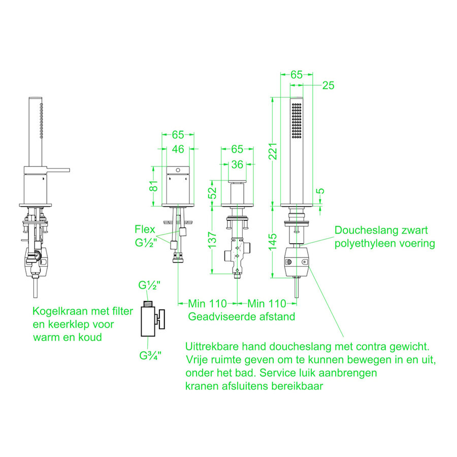 Badrandcombinatie IVY Bond 3-gats Mengkraan Met Uittrekbare Handdouche Zonder Uitloop Chroom