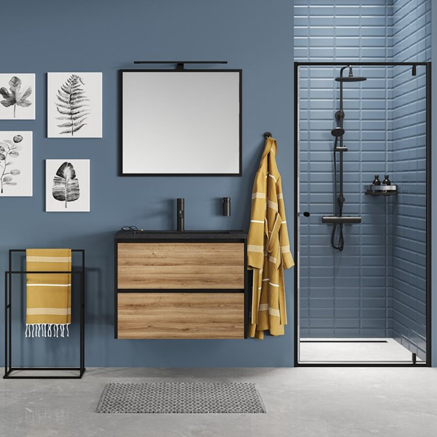 Meubelset Tiger Reverse 80 cm Met 2 Lades Chalet Eik - Mat Zwart incl Oval Wastafel Mat Zwart