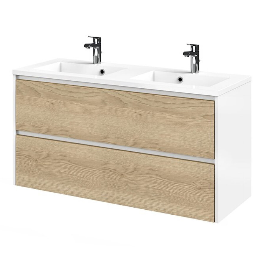 Wastafelonderkast Tiger Reverse Met 2 Lades 120 cm Naturel Eik - Mat Wit