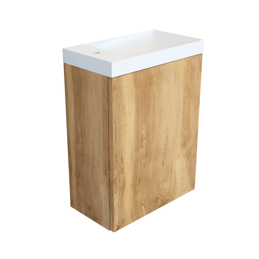 Fonteinkast Natural Oak Arcqua Luna 40x55x28 cm Incl. Fontein Glans Wit Zonder Overloop