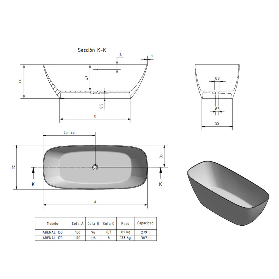 Vrijstaand Ligbad Zenon Arenal 150x72 cm Glacier White
