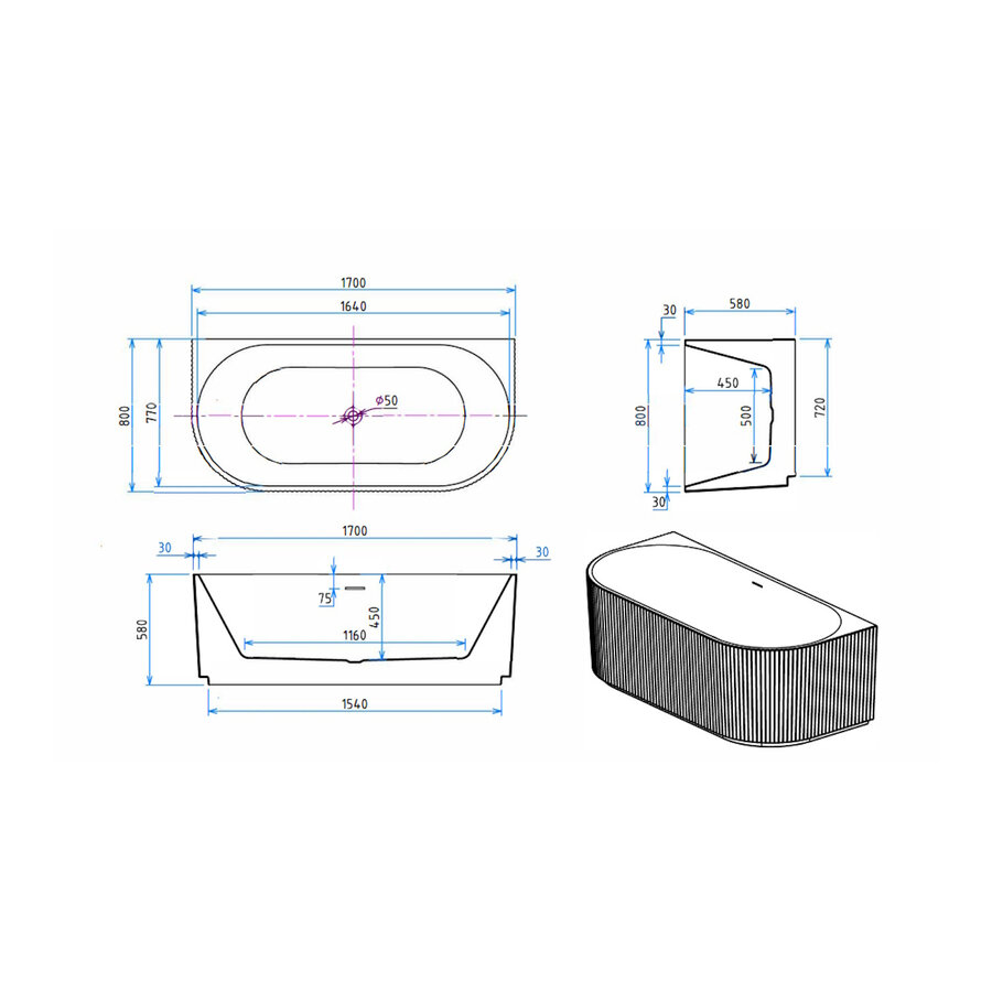 Half Vrijstaand Bad BWS Evi Met Ribbel 170x80x58 cm Mat Wit