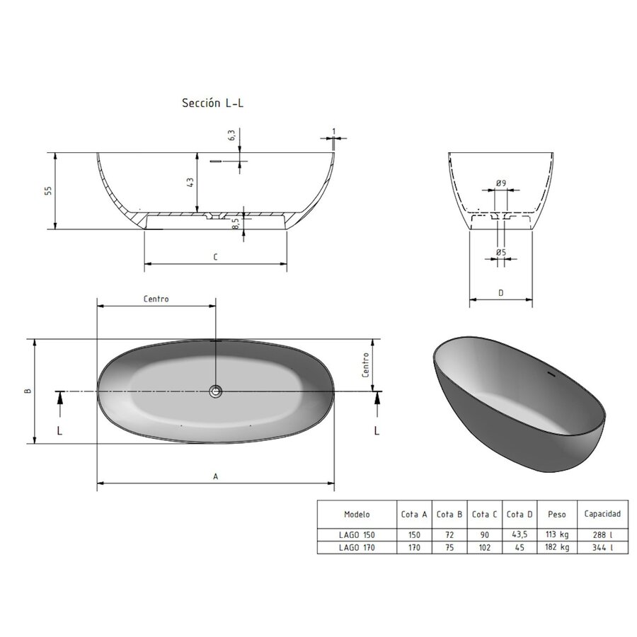 Vrijstaand Ligbad Zenon Lago 150x72 cm Oro