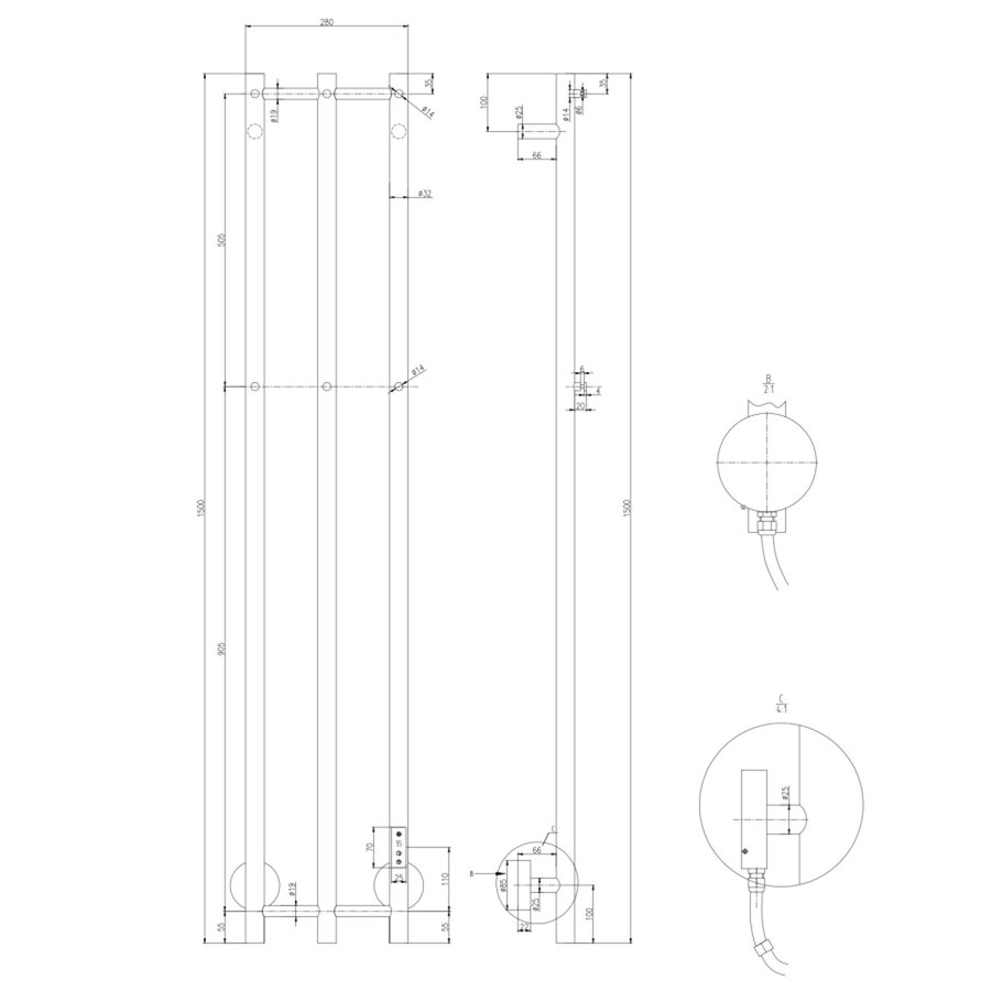 Designradiator TVS Design PLUS 3V EL 150x28 cm Gunmetal