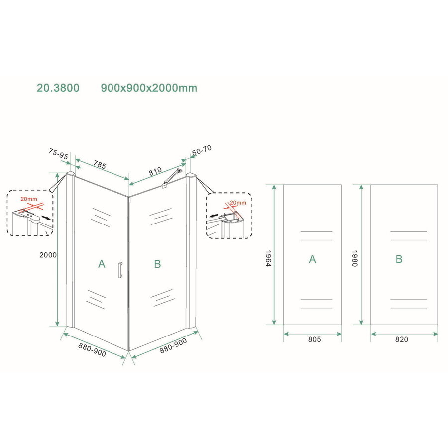 Douchecabine Wiesbaden Uni Klapdeur Vierkant 90x90x200 cm 8 mm NANO coating Mat Zwart