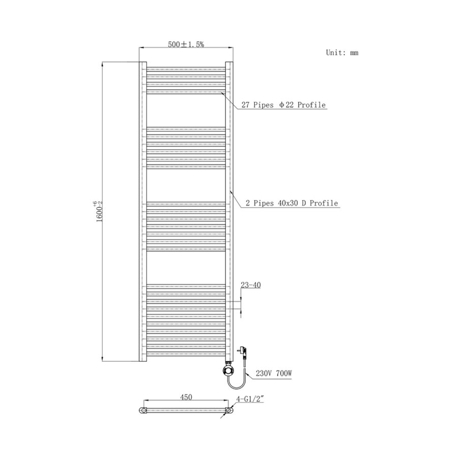Elektrische Radiator BWS June 160x50 cm 700W Mat Zwart