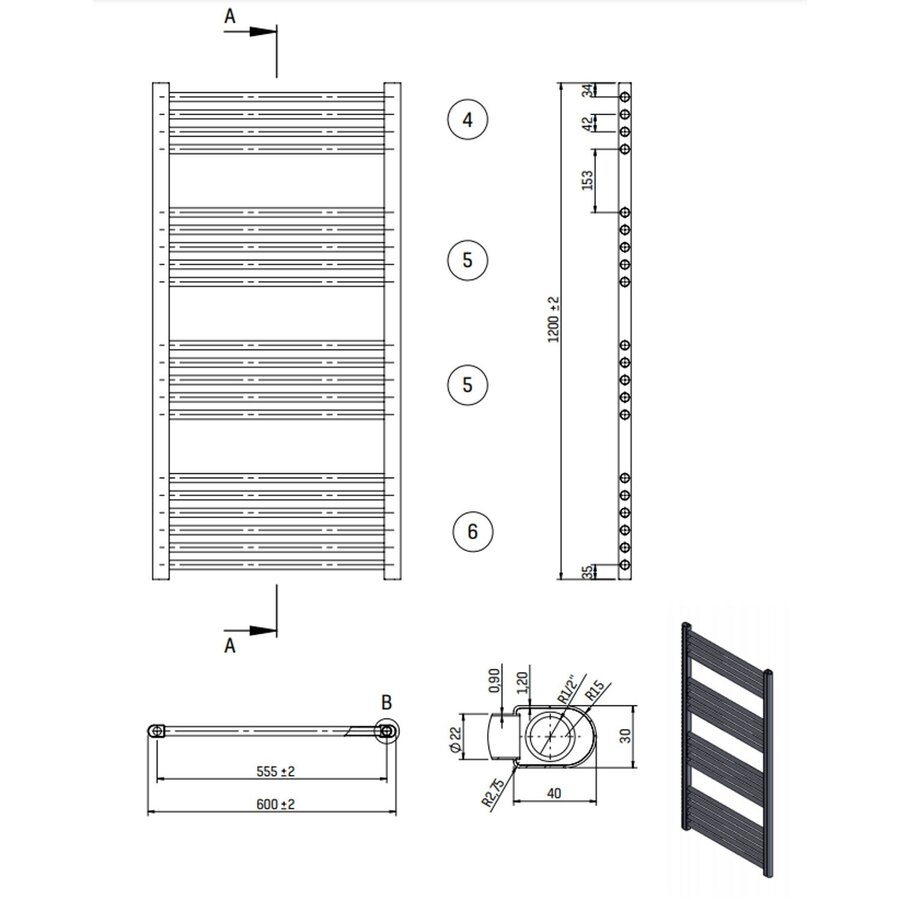 Designradiator BWS Nile Gobi 120x60cm 616W Wit (Midden/zij-aansluiting)