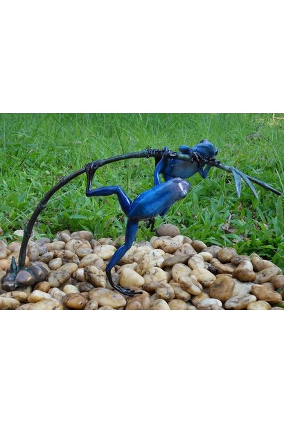 2 blue frogs on twig