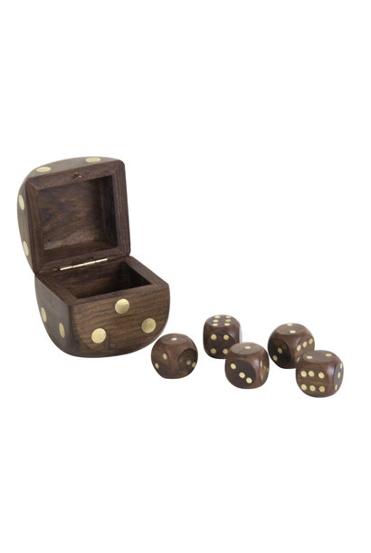 Dice Box With 5 Dices, Brass