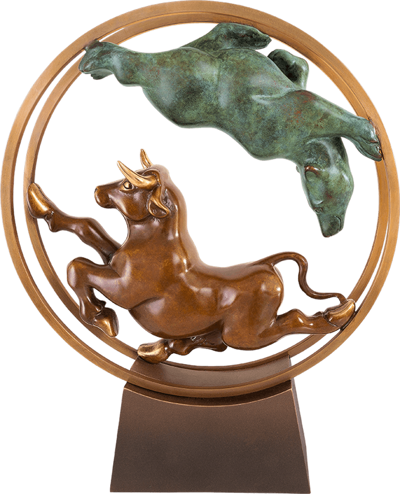 Bronze-Skulptur: Bulle & Bär im Rad - HeartofArt.de