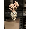 Schelpenvaas klein met bloesem lichtroze - zilver 17x24cm
